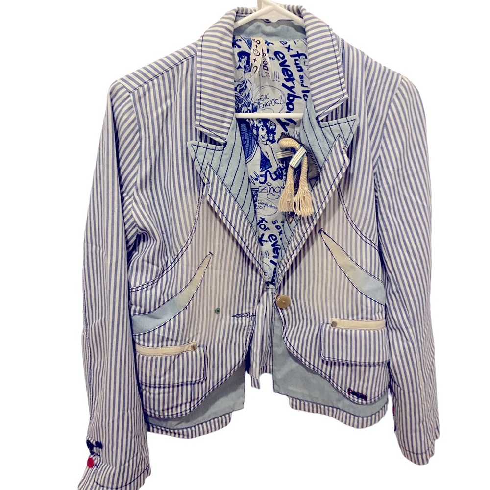 Desigual denim pinstriped blazer with embroidery and ruffle back detail; 38